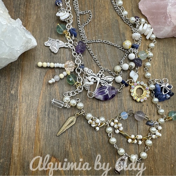 Lapis amethyst and fluorite layered statement multi charms necklace - Picture 3 of 4